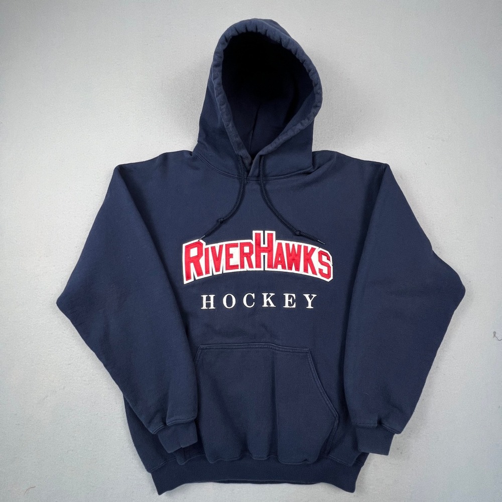 Gildan Hoodie Mens Large Navy RiverHawks Hockey Embroidered Heavyweight Pullover